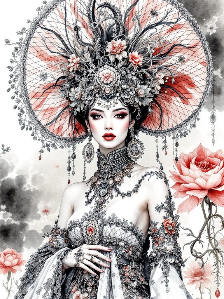 Elegant Asian Goddess in Maximalist Attire