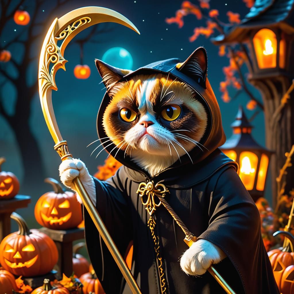 Grumpy Cat Reaper in Halloween Night