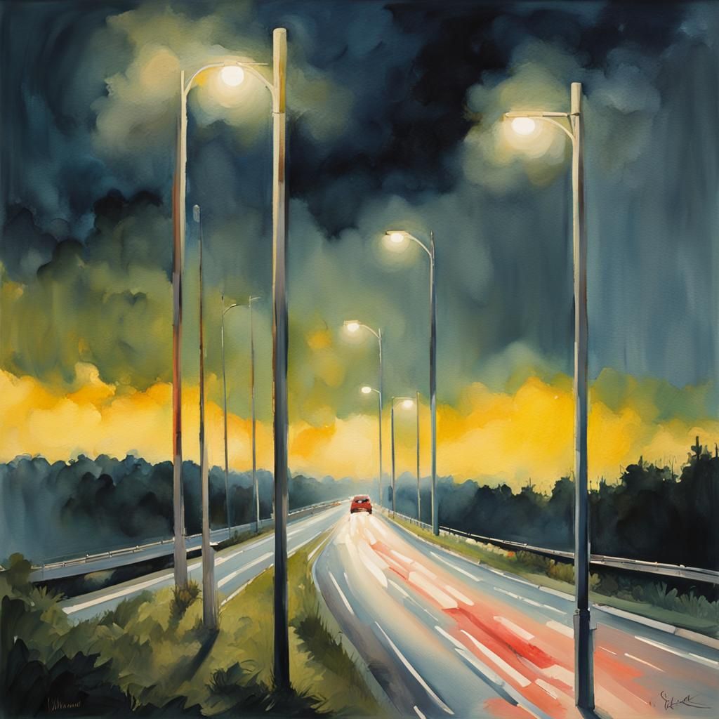 Motorway Lights in Gouache and Watercolor Style