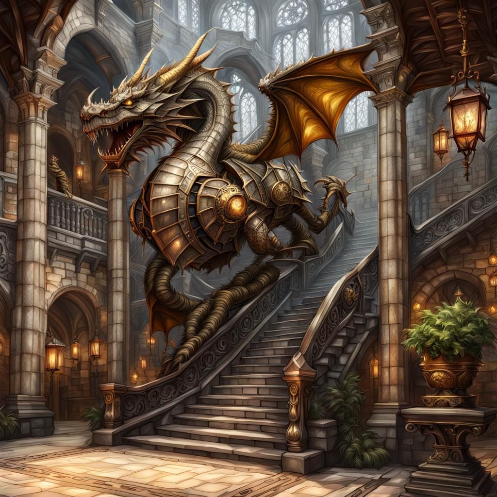 Knight and Dragon Steampunk Fantasy Scene
