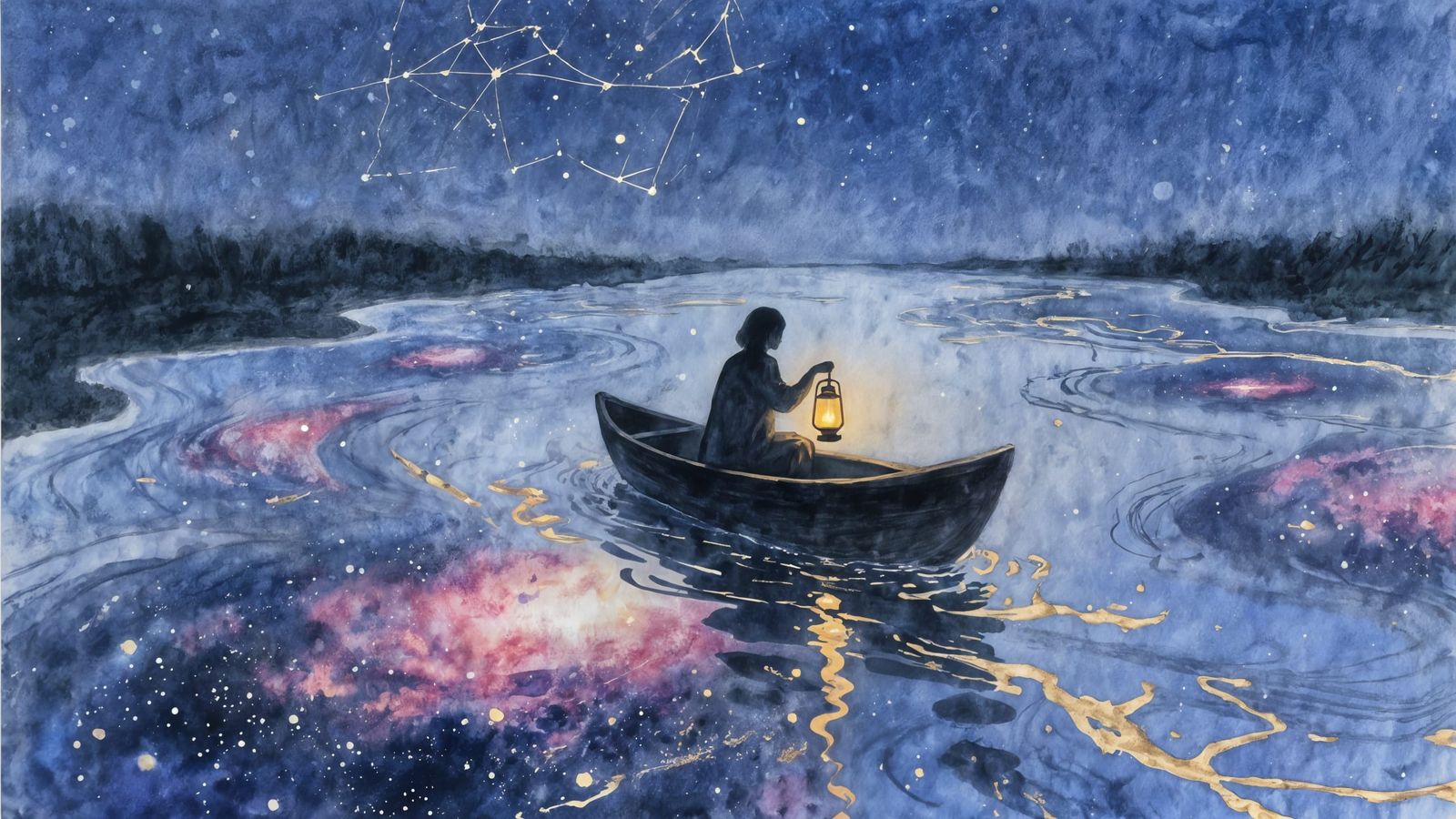 Cosmic River Journey in Ethereal Watercolor Style