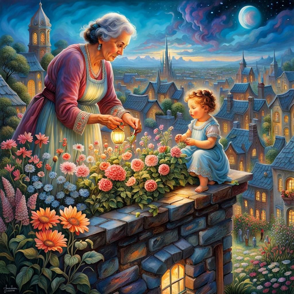 Rooftop Gardeners in Futuristic City, Illustrative Fantasy A...