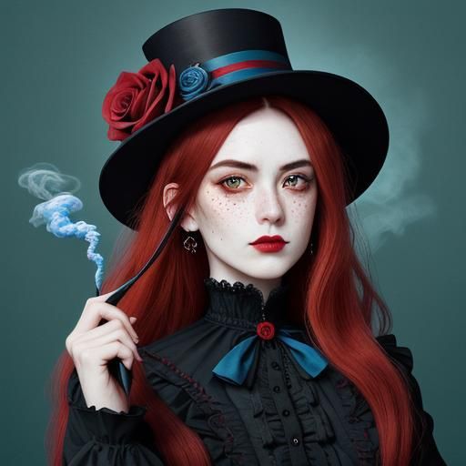 Girl with Red Hair in Vaporwave Gothic Style