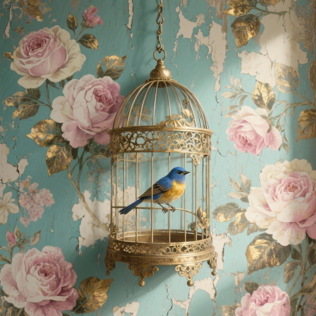 Vintage Birdcage with Blue and Gold Songbird