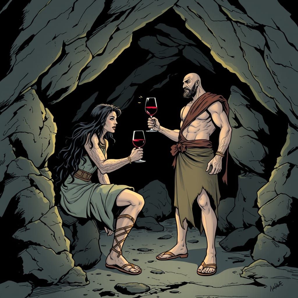 Ulisse Offers Vino to DC Comics Styled Polifemo