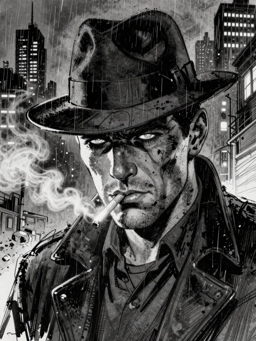 Gritty Noir Detective Face in Textured Comic Art Style