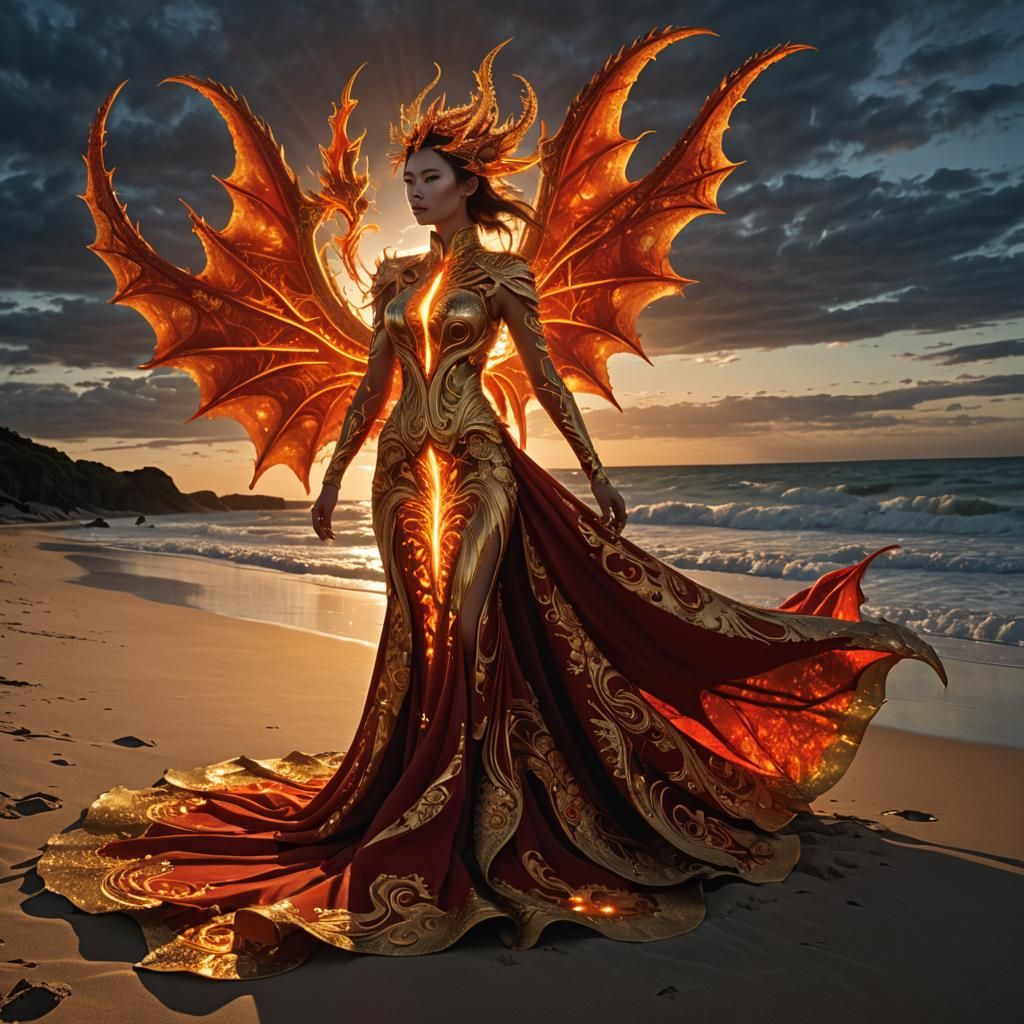Woman's Fiery Fractal Dress on the Beach