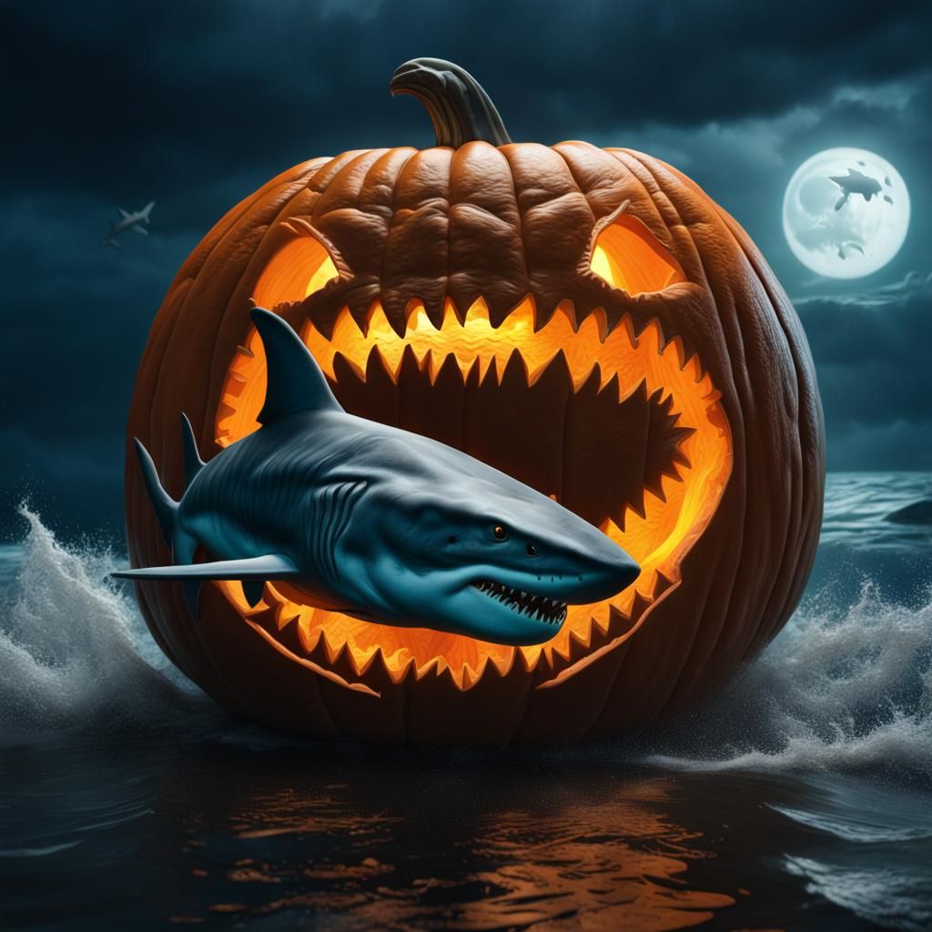 Detailed Jack-O'-Lantern Carving of Sharks Hunting
