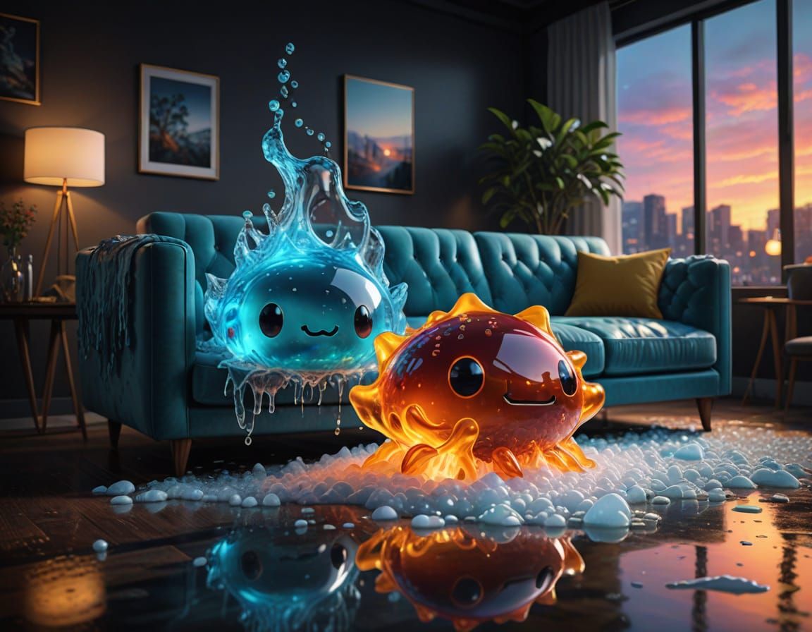 Vibrant Slime Pets Relax on Modern Sofa in Hyper-Realistic D...
