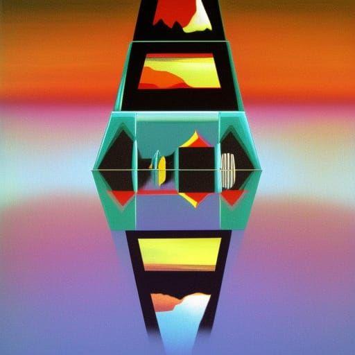 Mirrored Holy Mountain in Retrofuturist Surrealism
