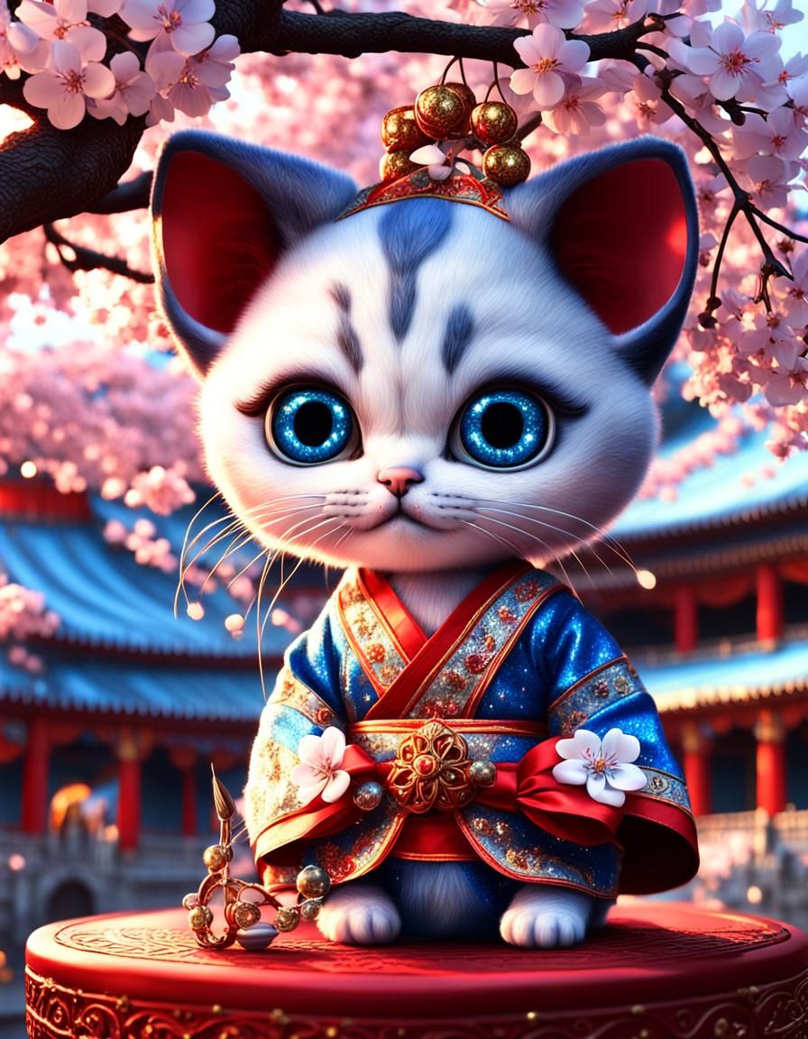 Geisha Kitten with Cherry Blossoms in Digital Art