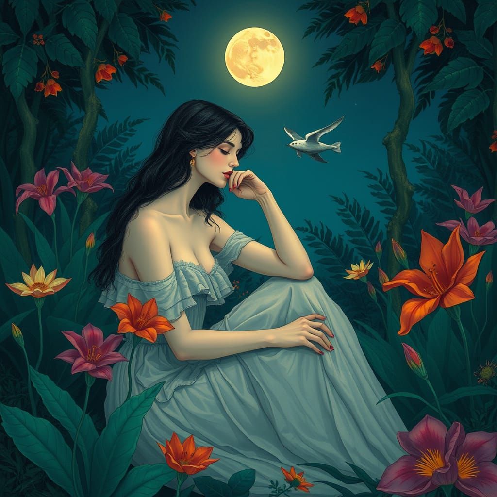 Dreamy Woman in Moonlit Garden