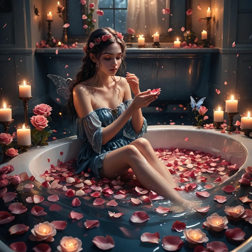 Fairy in Bathtub with Roses: Realistic Digital Art