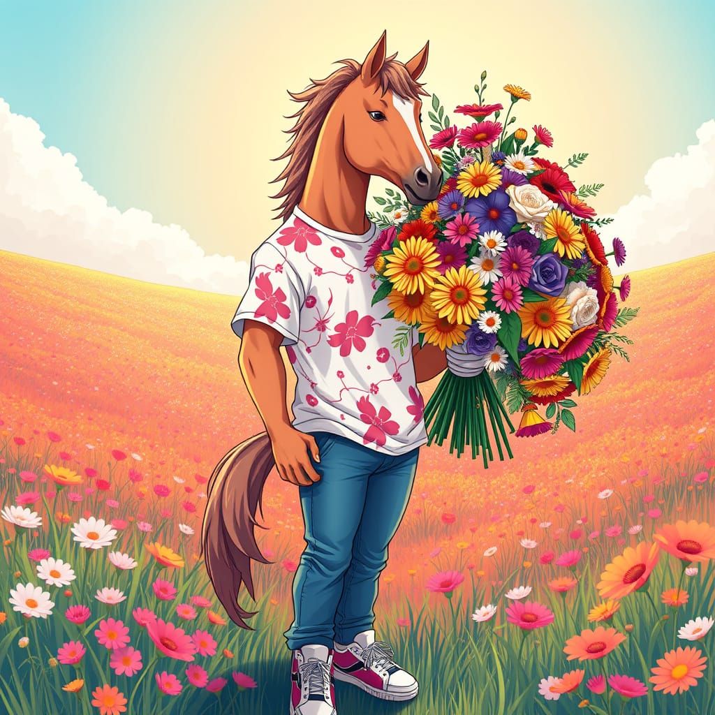 Whimsical Horse-Human Hybrid in Vibrant Upper Flower Meadow