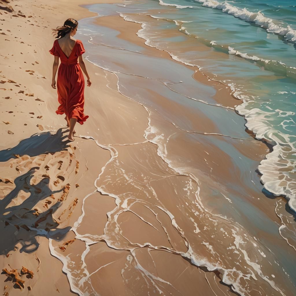 Italian Woman in Red Dress: Impressionist Beach Scene