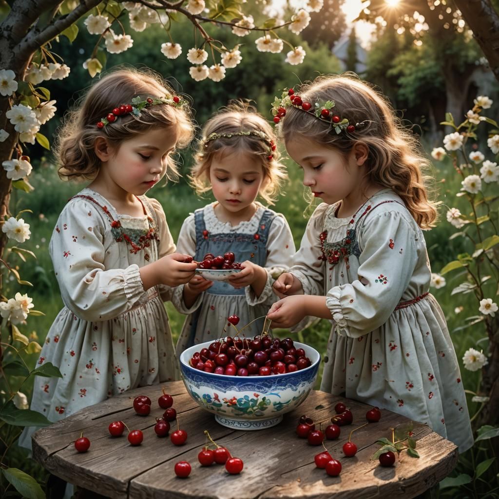 Children Enjoying Cherries: Vintage Instant Photography