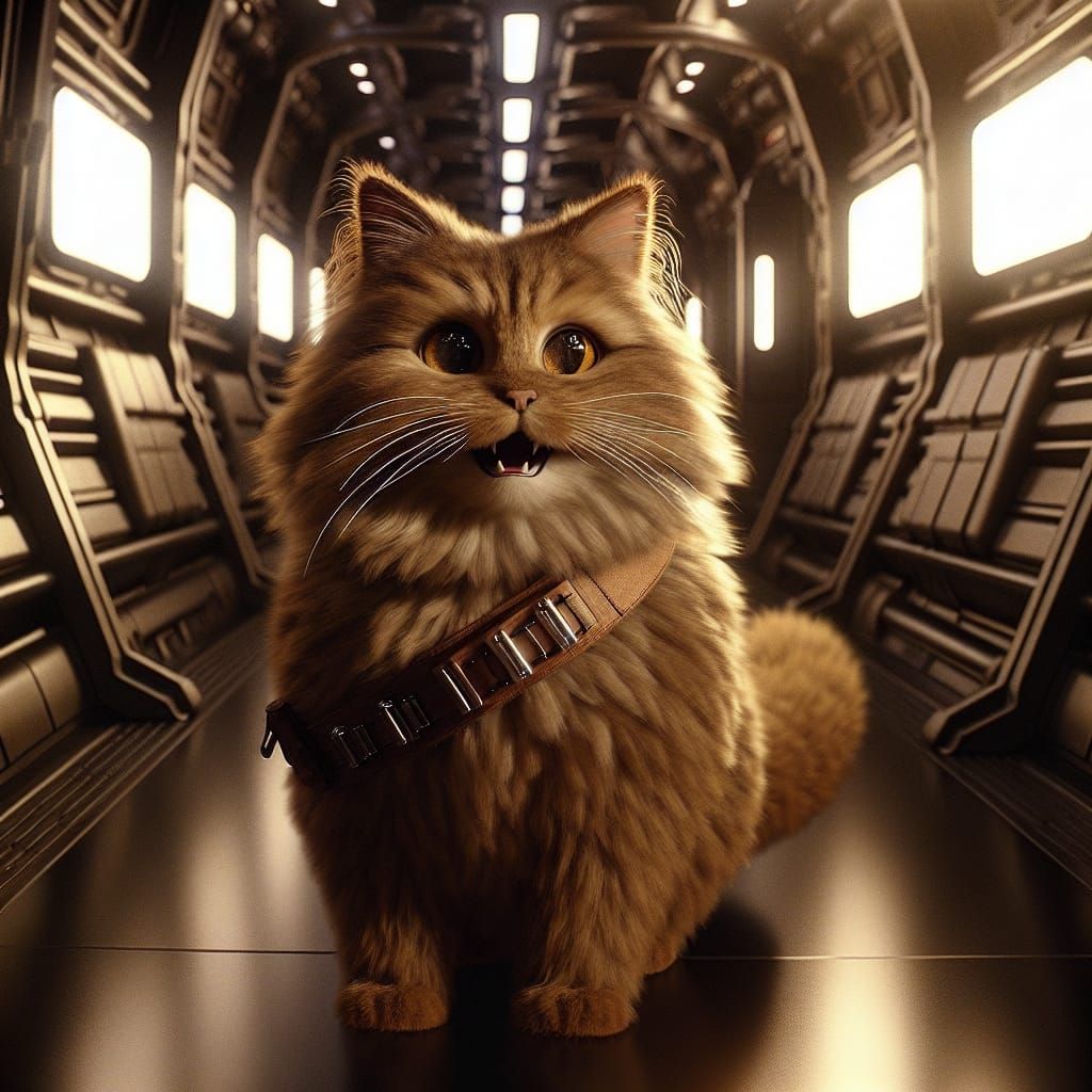Fluffy Sci-Fi Cat in Spaceship Corridor
