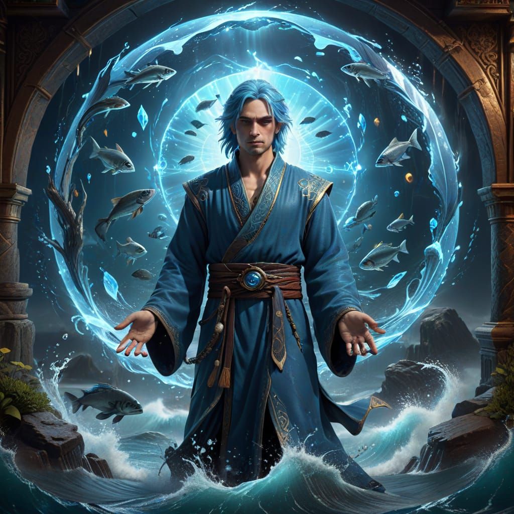 Fantasy Mage with Blue Energy and Ocean Portal