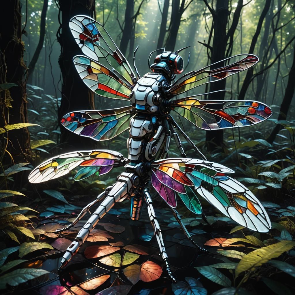 Stained Glass Biomechanical Dragonfly in Neon Forest