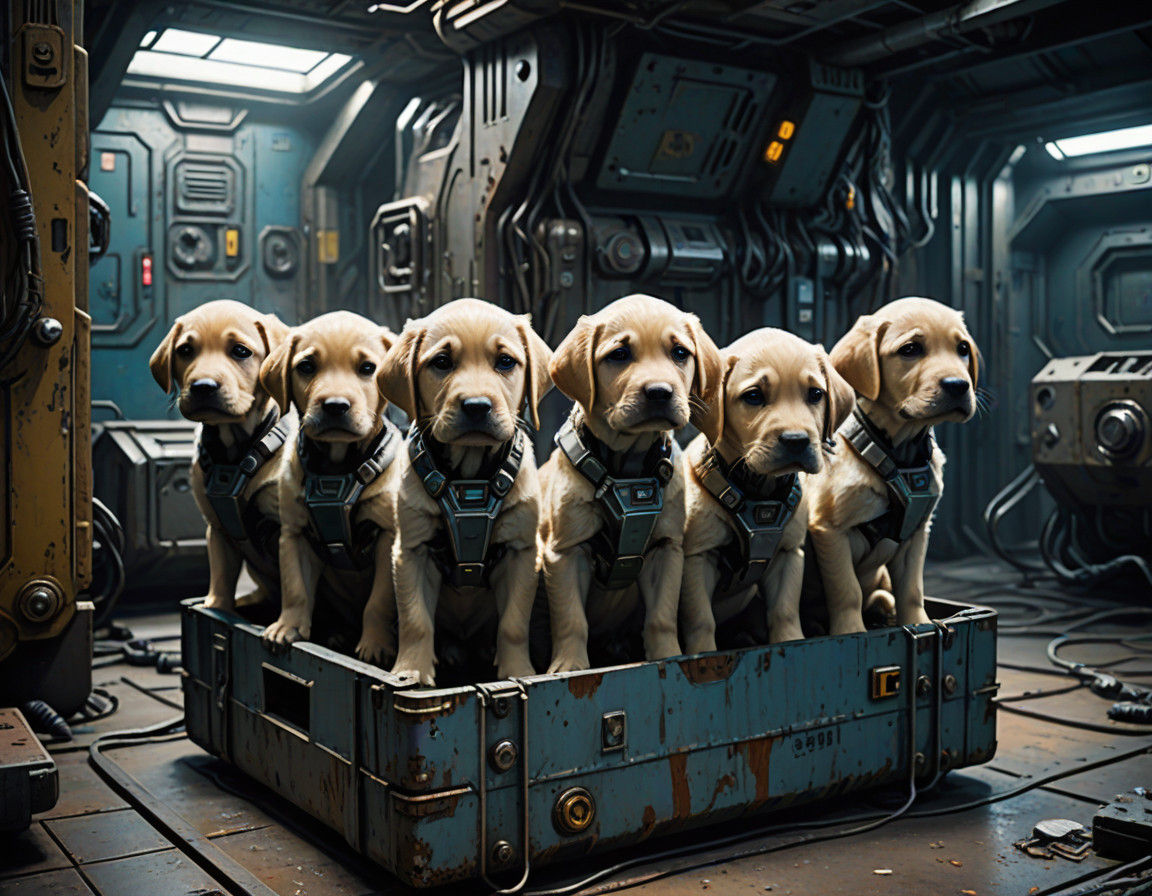 Yellow Lab Puppies in Abandoned Starship
