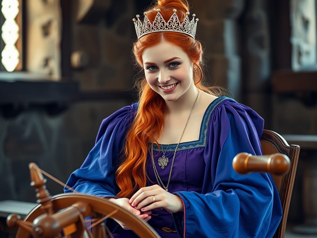 Medieval Queen Spins Thread in Castle Chamber