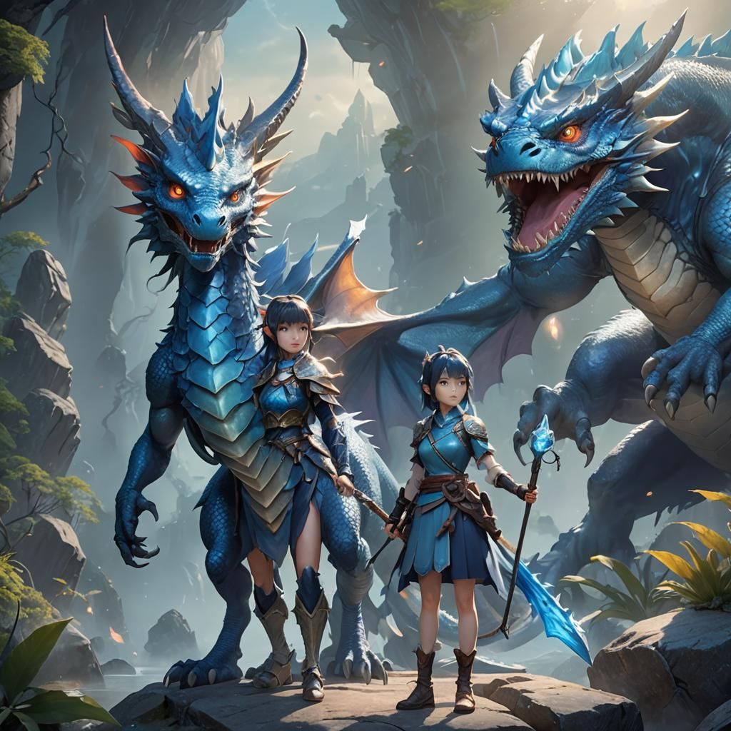Anime Girl and Blue Dragon Fantasy Art