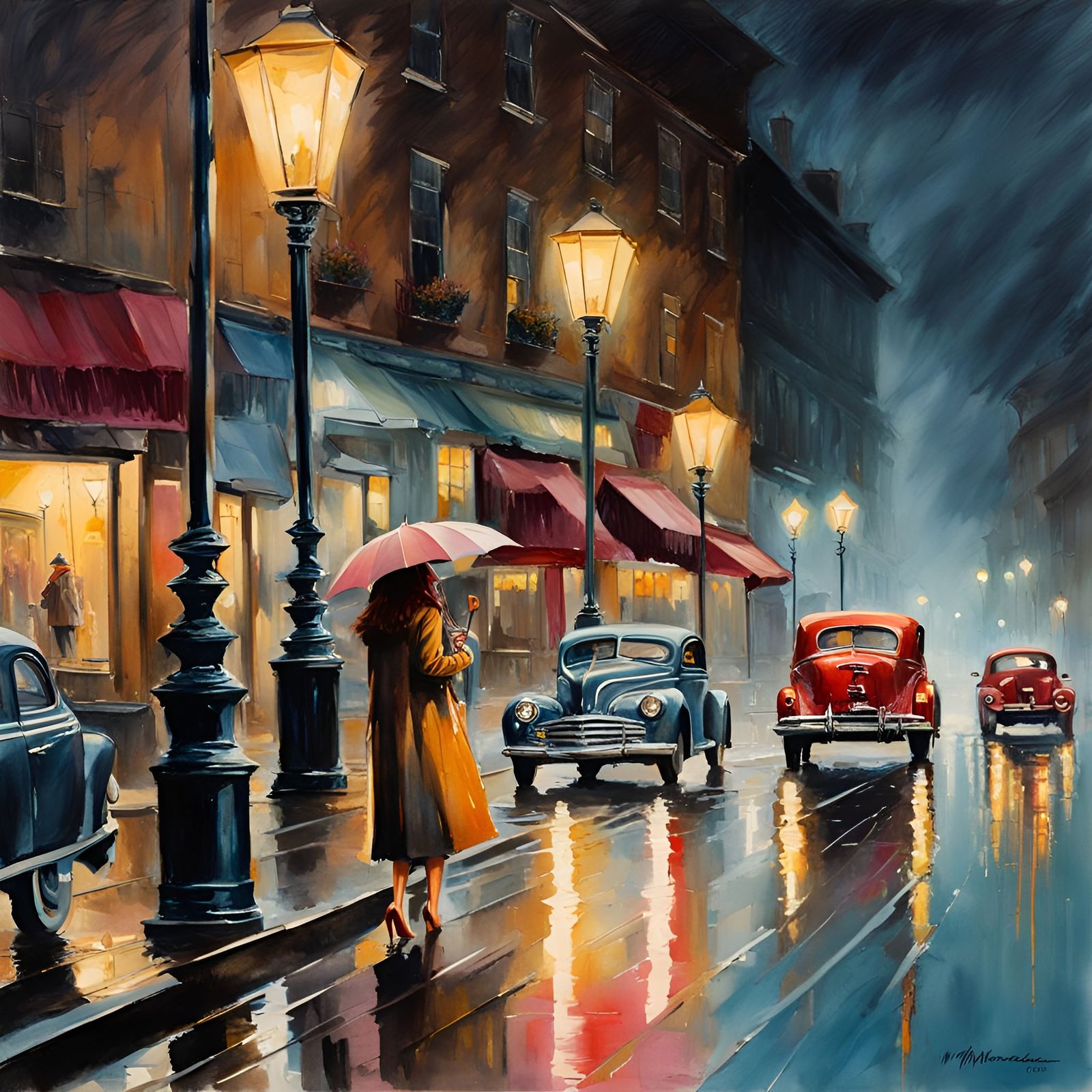 Rainy Night Street Scene in Film Noir Style