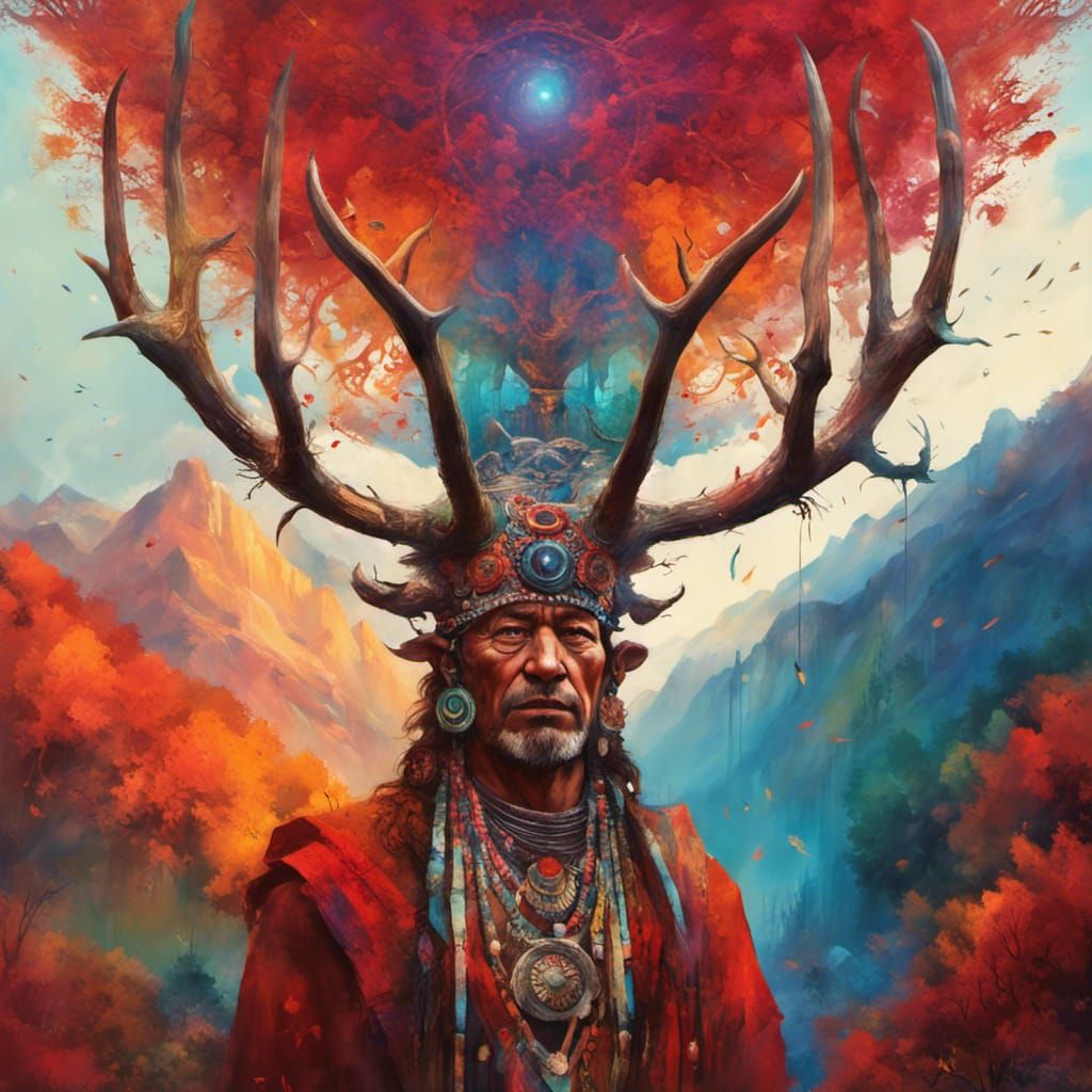 Boho Shaman with Red Deer Antler Headdress