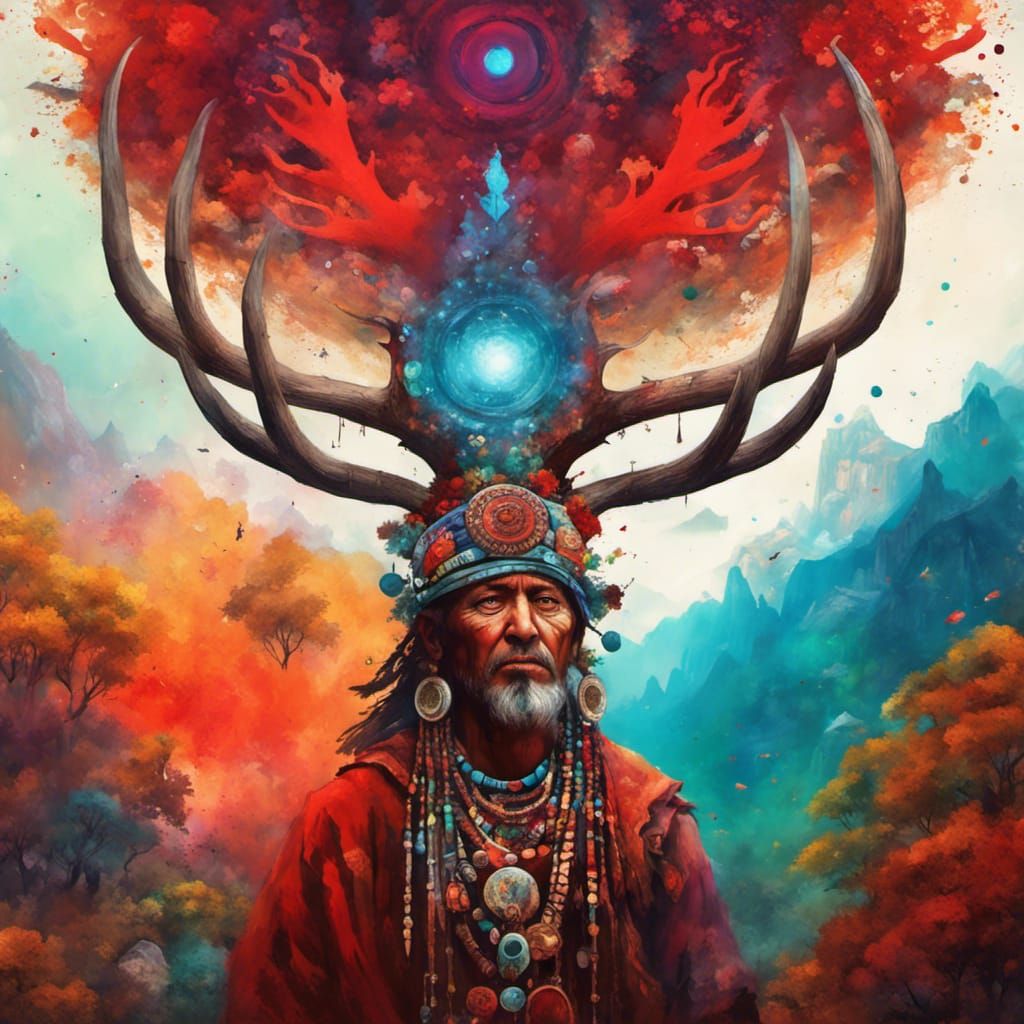Boho Shaman with Red Deer Antler Headdress