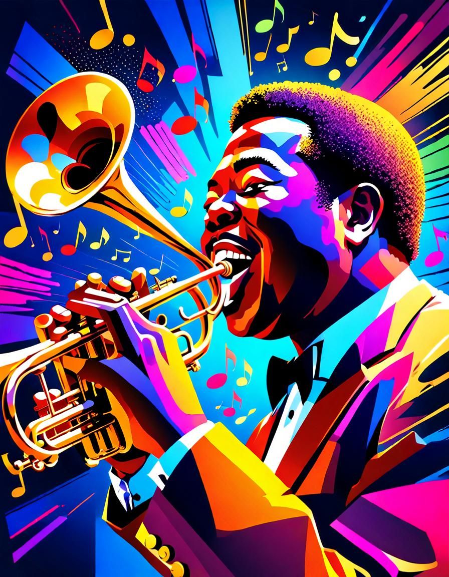 Dynamic Jazz Trumpet Performance with Flying Music Notes