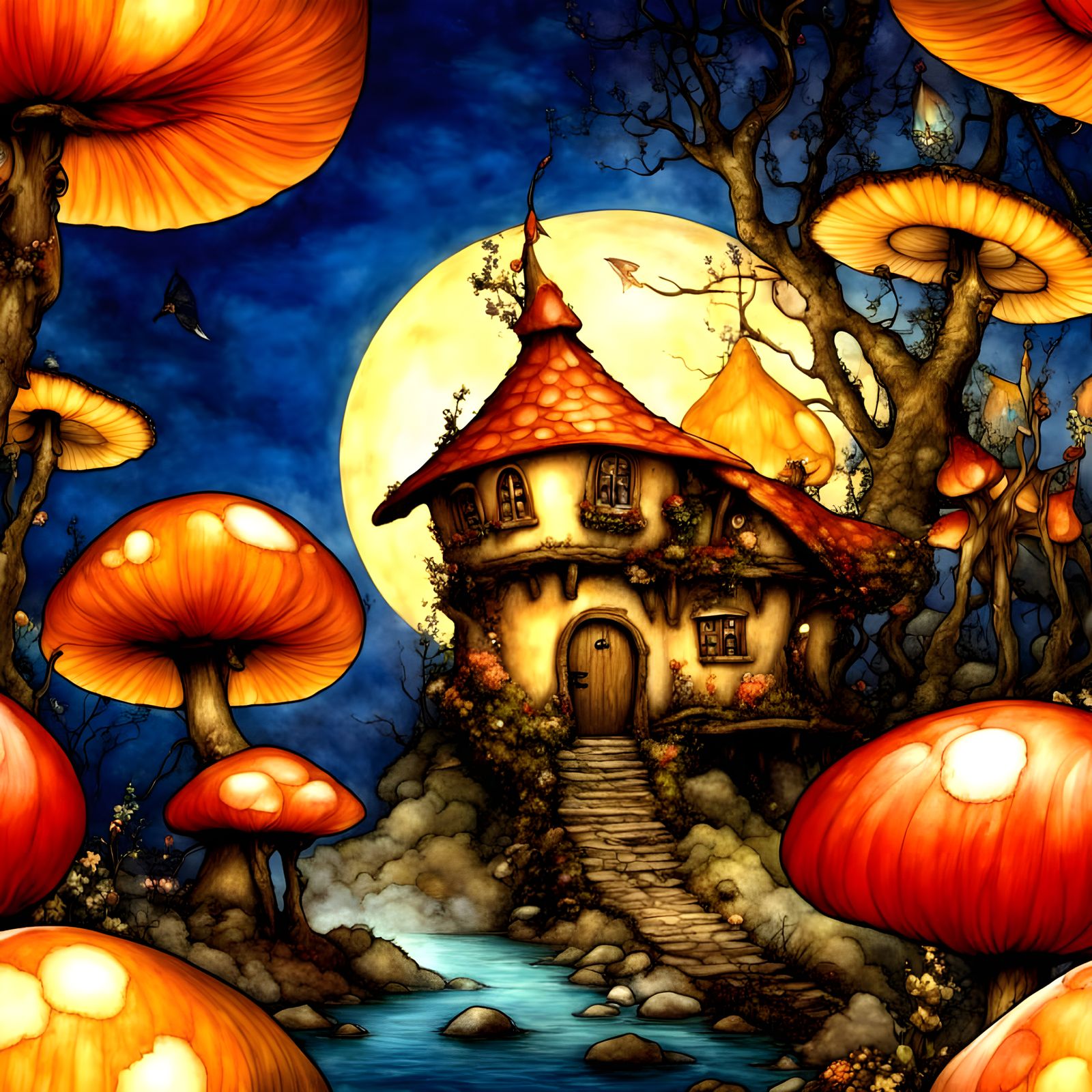 Fantasy fairy house, detailed background, by arthur rackham