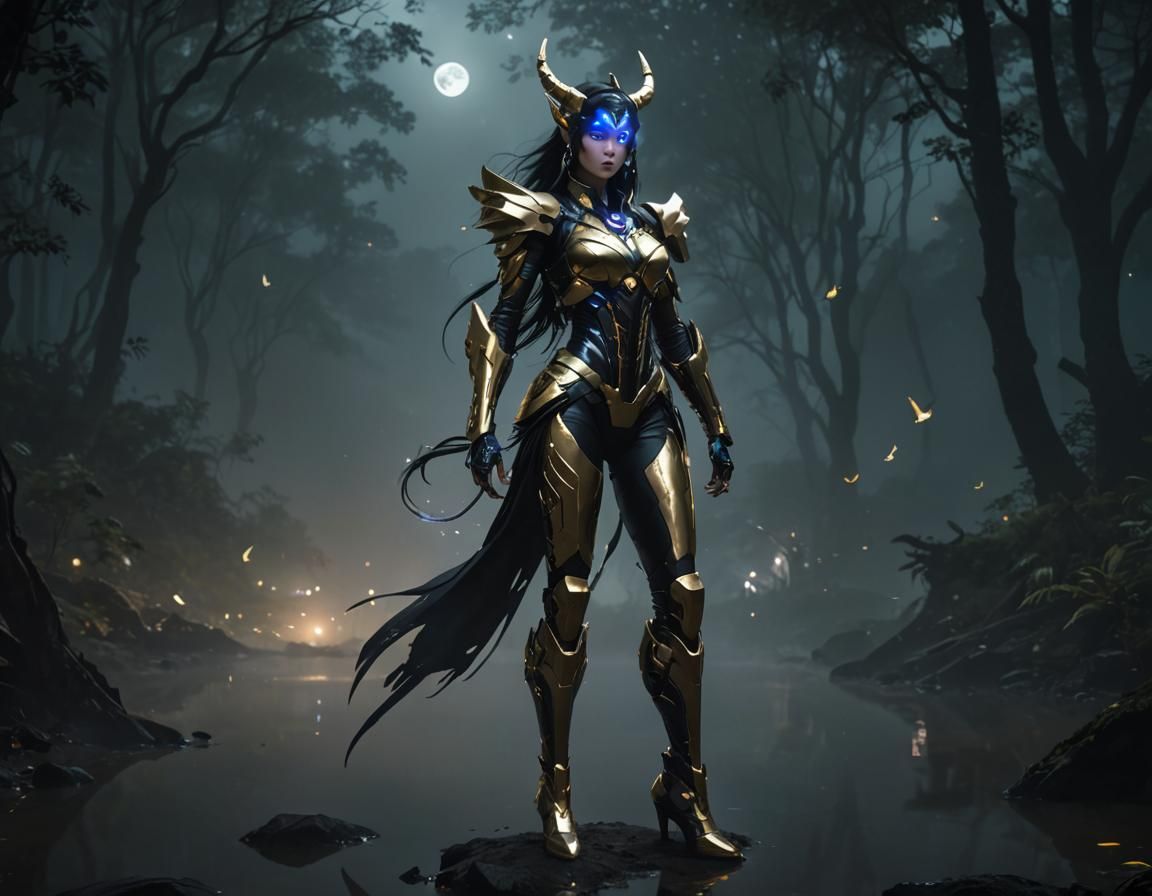 Cyberpunk Cybertronian Walks Under Moonlight