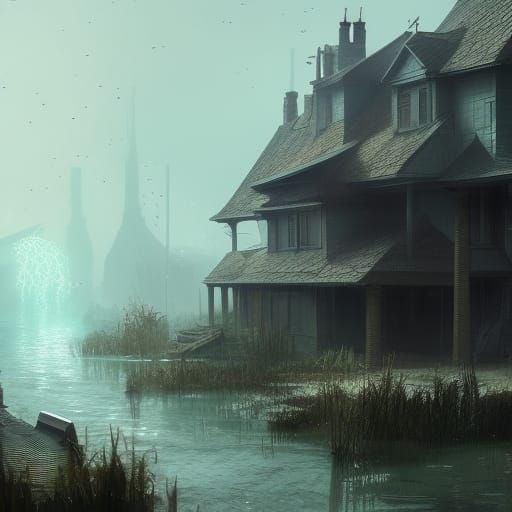Underwater Suburban House in Dark Fantasy Style