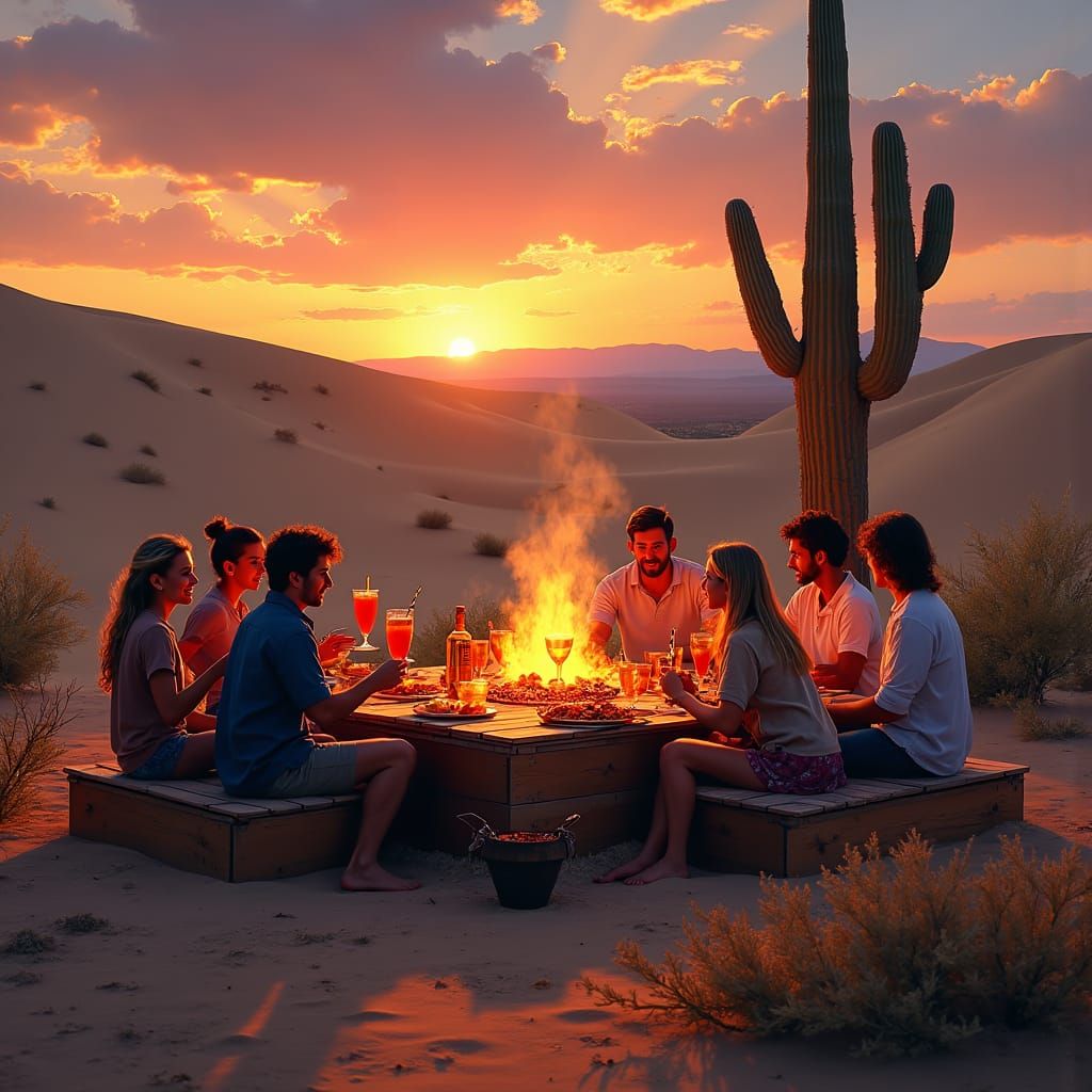 Desert Sunset Barbecue Gathering with Vibrant Colors