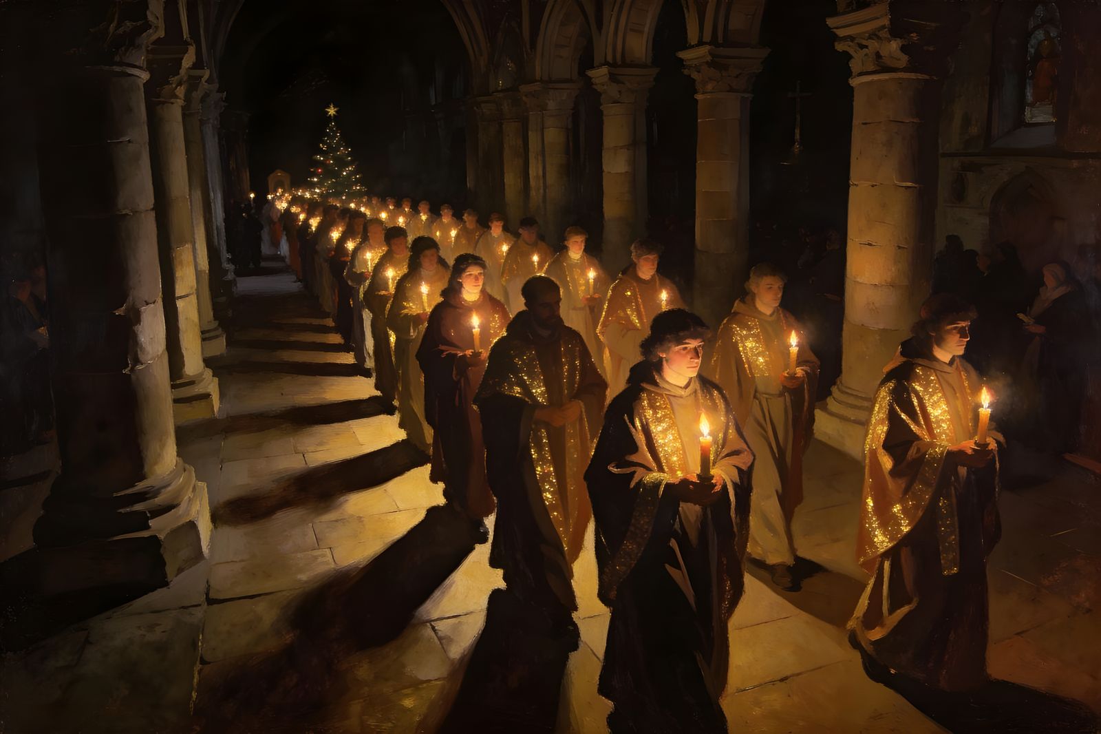 Gothic Cathedral Candlelit Procession in Caravaggio Style
