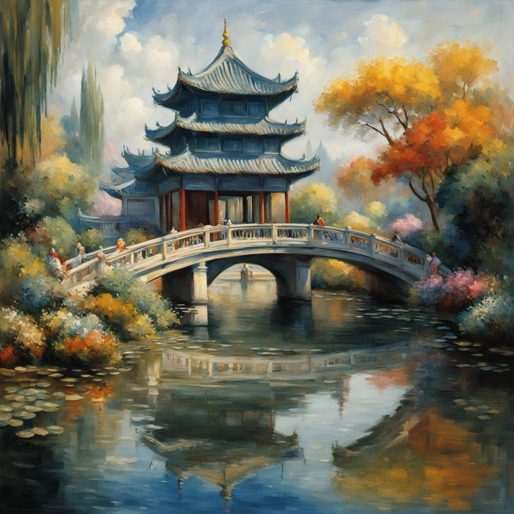 Impressionist Chinese Palace Garden with Gazebo and Birds in...