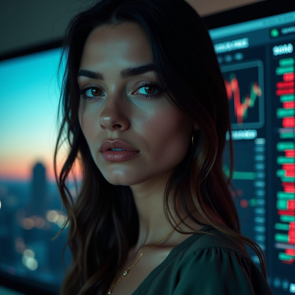 Woman in Trading Room: Atmospheric Portrait