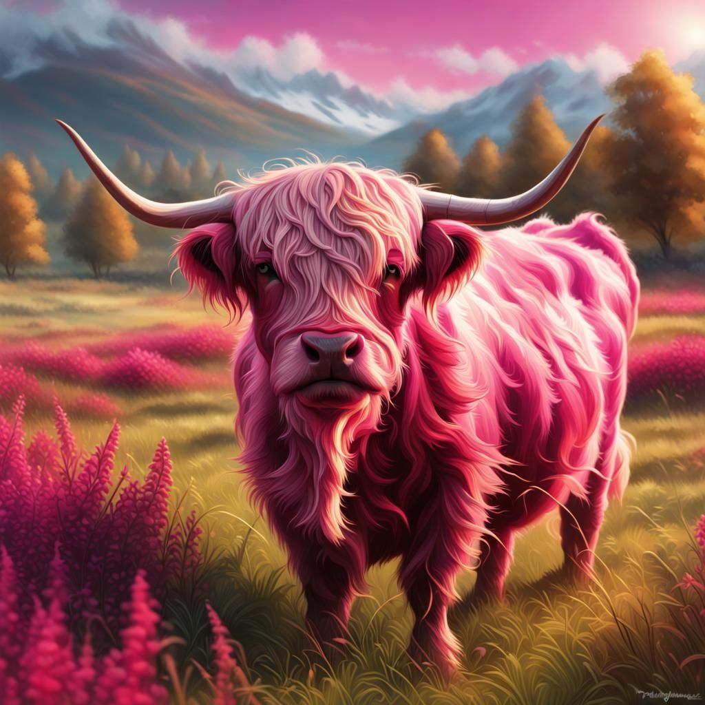 Fuschia Highland Cow in Sunny Field as Splash Art