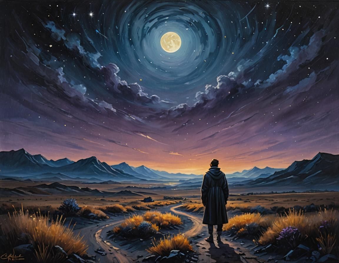 Midnight Figure in Desolate Landscape: Dark Fantasy Oil Pain...