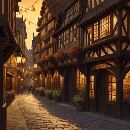 Medieval City at Night in Illustration Style