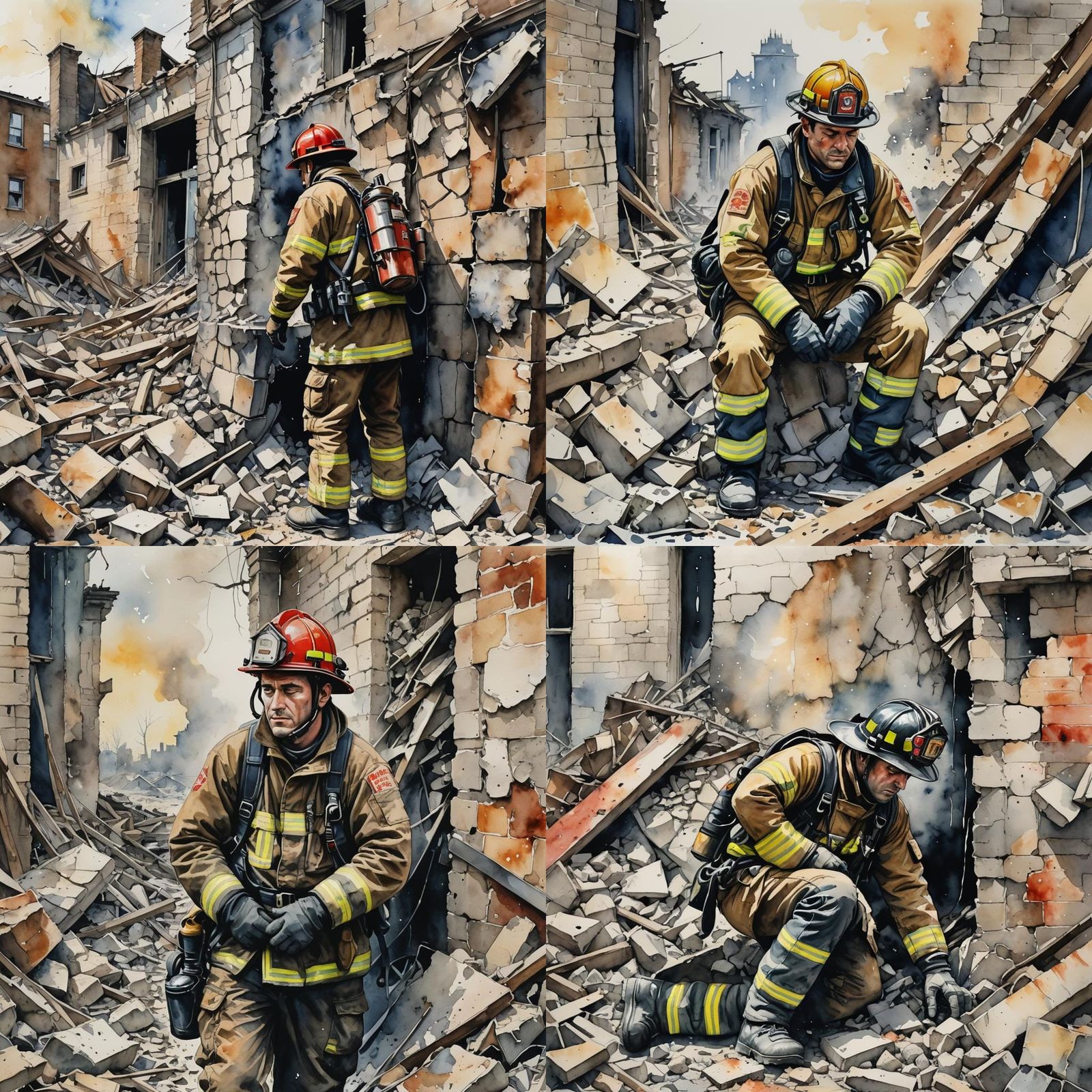 Tired Firefighter in Rubble: Watercolor and Ink