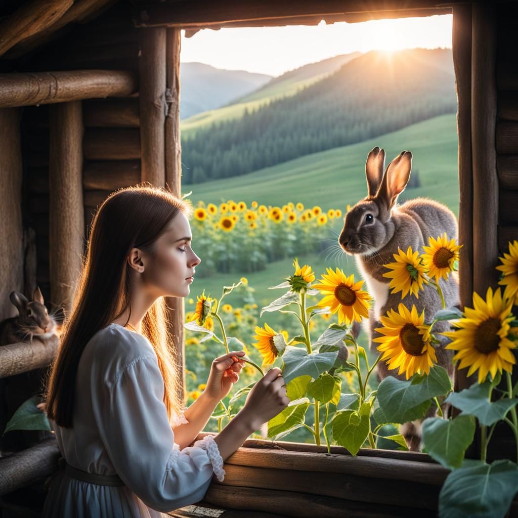Girl and Bunny Gazing Out the Window