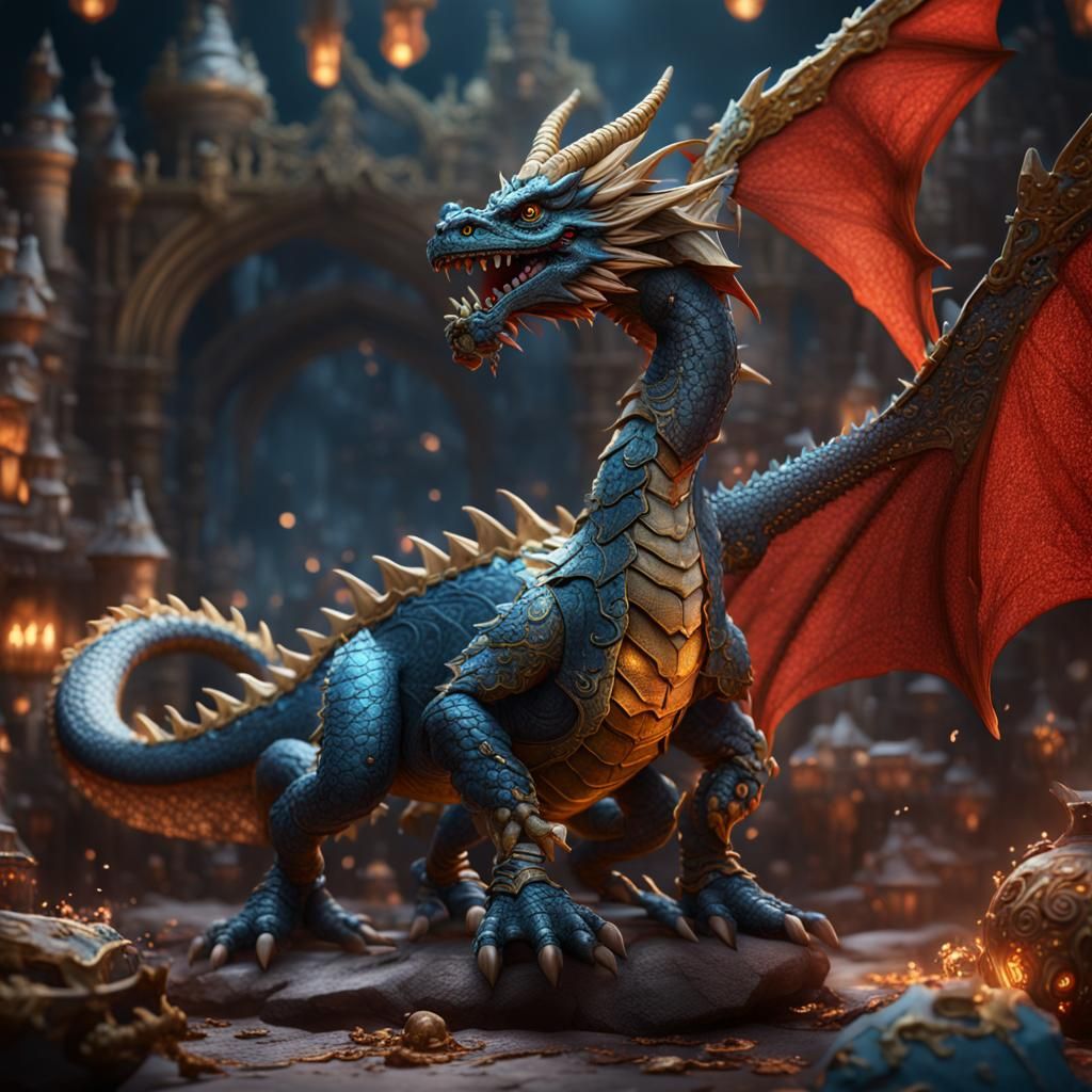 Detailed Toy Dragon Matte Painting in Deep Color