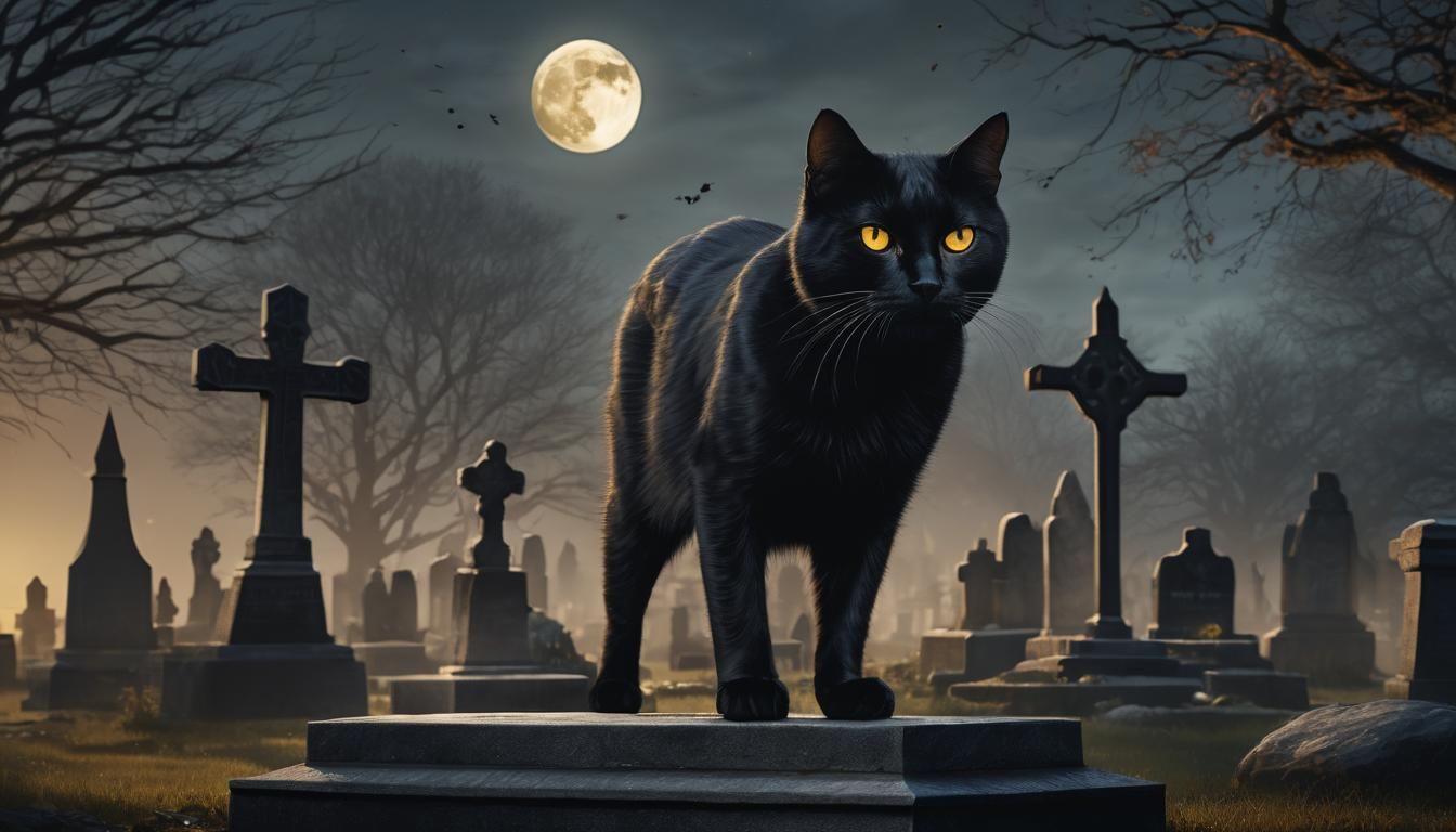 Black Cat in Graveyard Under Full Moon