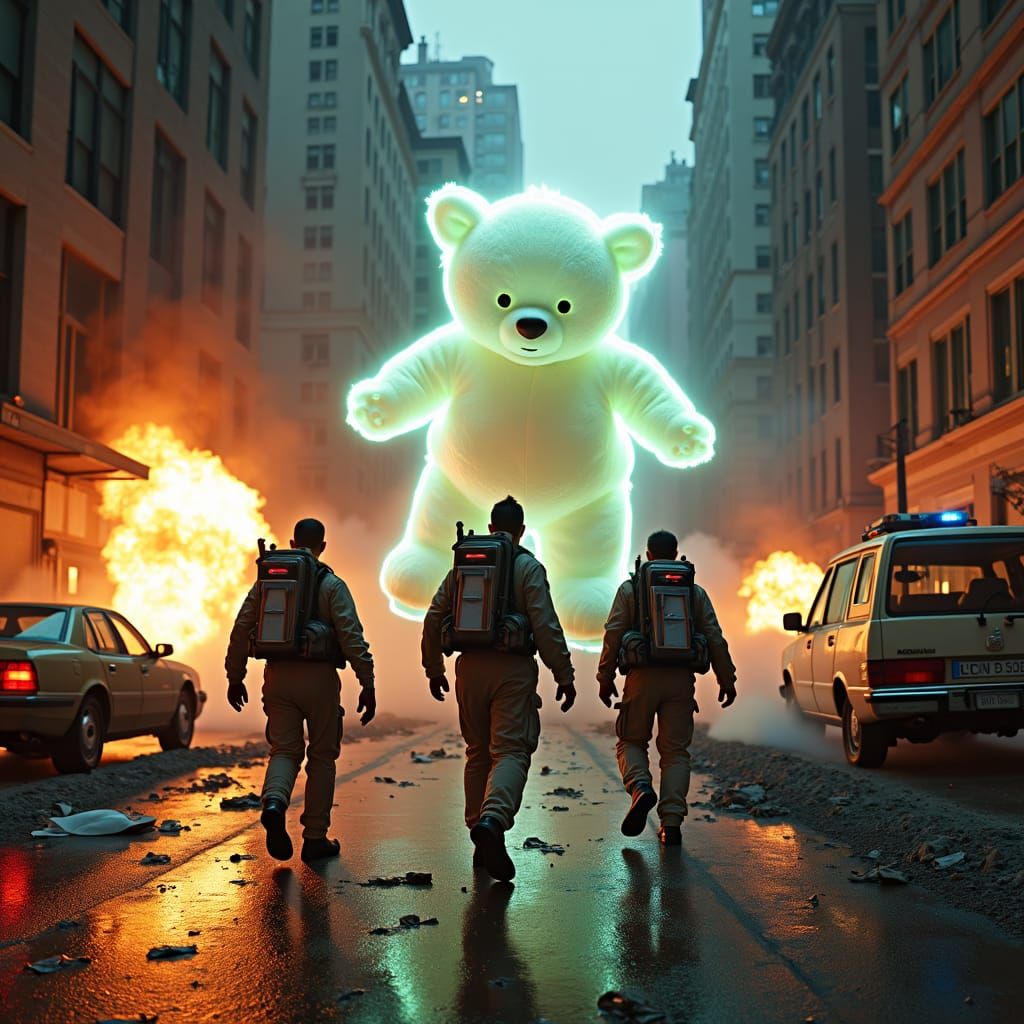 A high-resolution, cinematic image: Ghostbusters fighting a ...