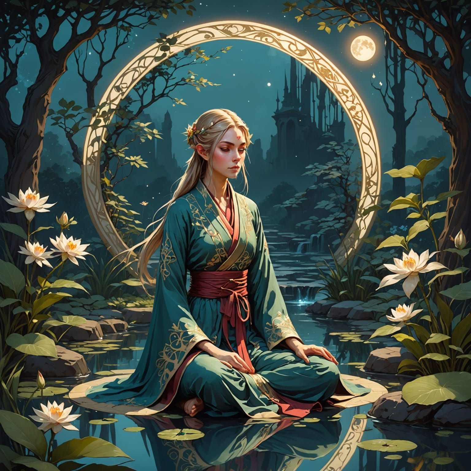 A mysterious girl meditates in a quiet, moonlit garden.