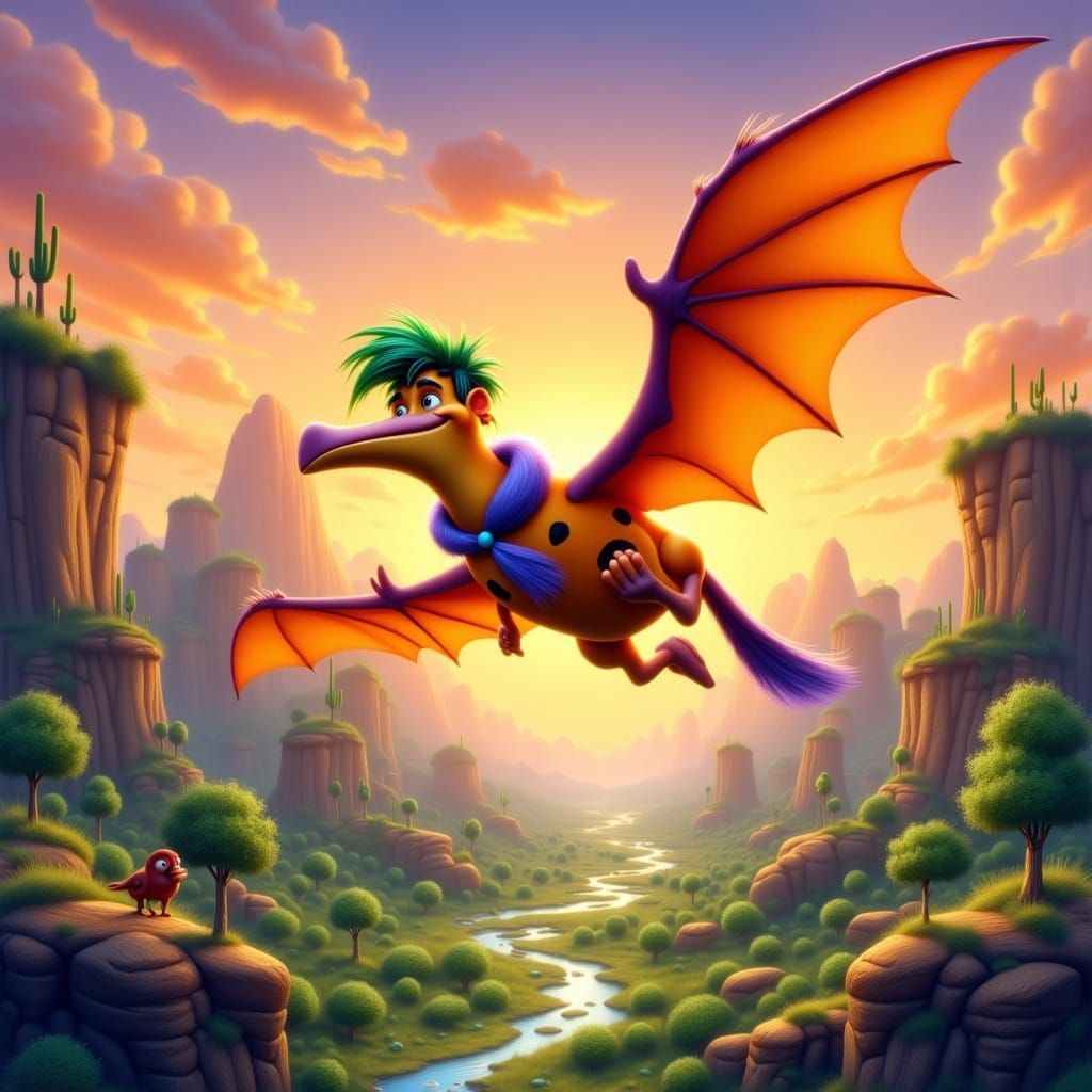 Fred Flintstone as a Pterodactyl in 80s Animation Style