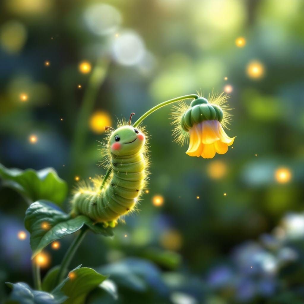 Realistic Caterpillar on Lily of the Valley Stem