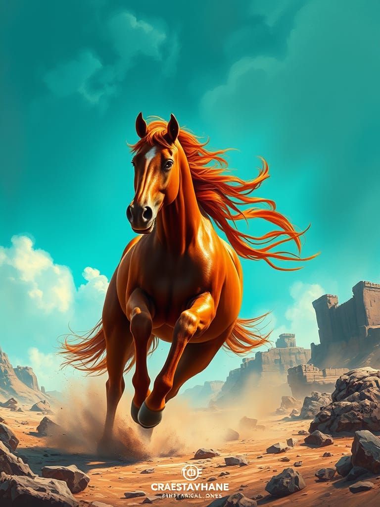 Hyperrealistic Chestnut Horse Galloping in Teal Sky