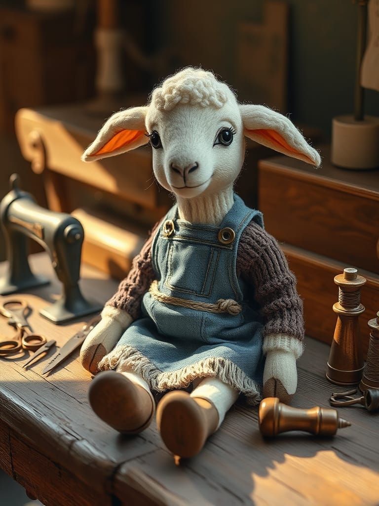 A handcrafted anthropomorphic lamb doll with soft wool textu...